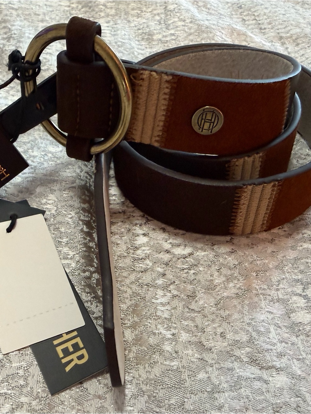 House of Harlow 1960 Leather patchwork Brown Tan Leather Belt with Brass O-Ring